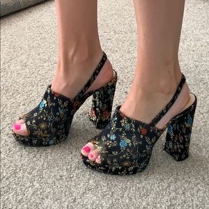 Black Floral Jacquard Peep Toe Slingback Heels 8.5
